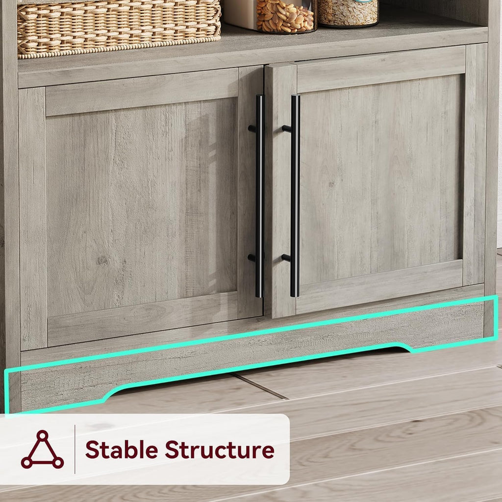 Tall Large Storage Cabinet Kitchen Microwave Stand with Storage, 4-Tier Bakers Rack with Power Outlet, Cupboard, Floor Cabinet for Living Room, Rustic Gray,