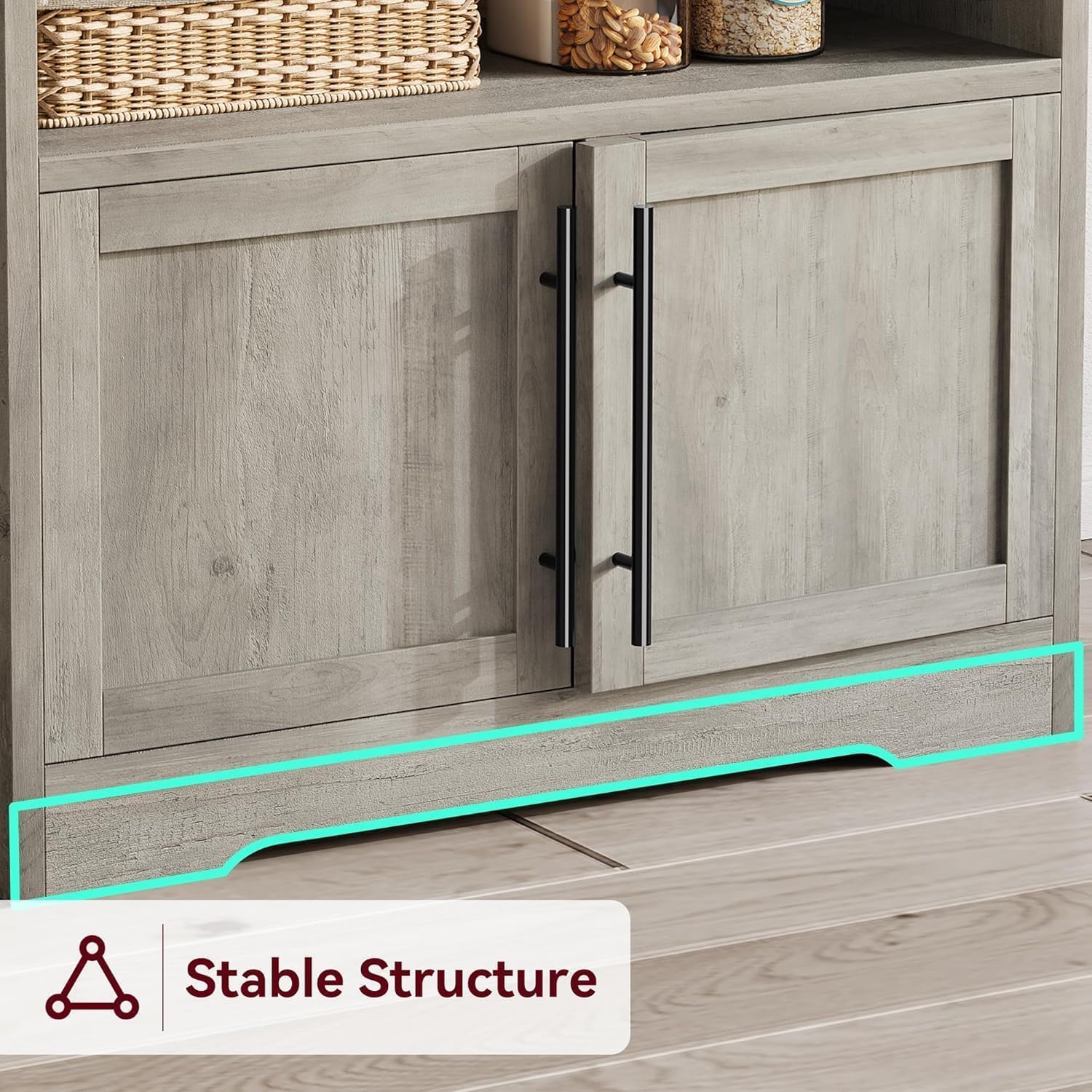 Tall Large Storage Cabinet Kitchen Microwave Stand with Storage, 4-Tier Bakers Rack with Power Outlet, Cupboard, Floor Cabinet for Living Room, Rustic Gray,