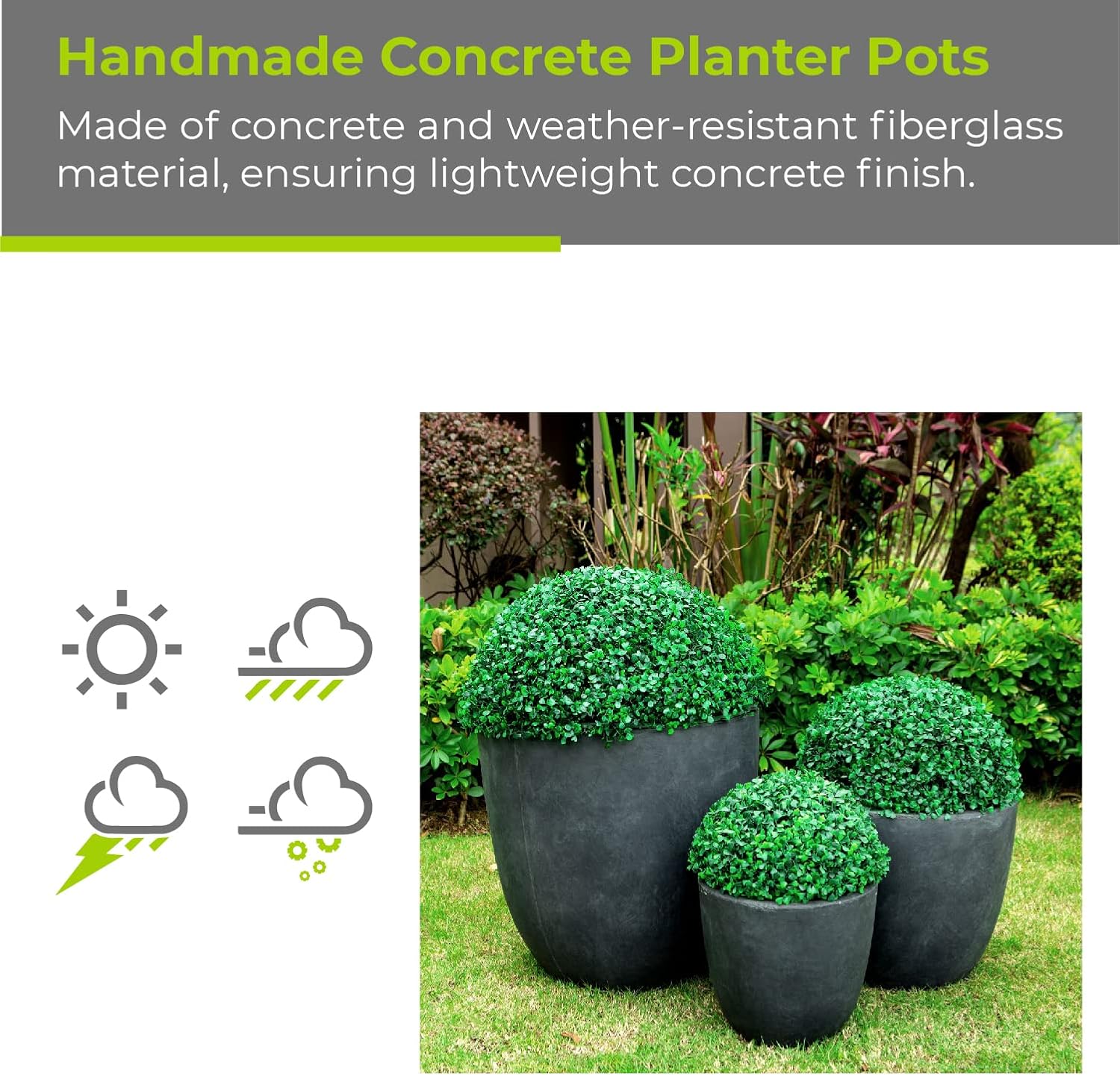 Kante 18',14',10' Dia Concrete Round Planters (Set of 3), Outdoor Indoor Large Planter Pots with Drainage Hole and Rubber Plug for Home Patio Garden, Charcoal