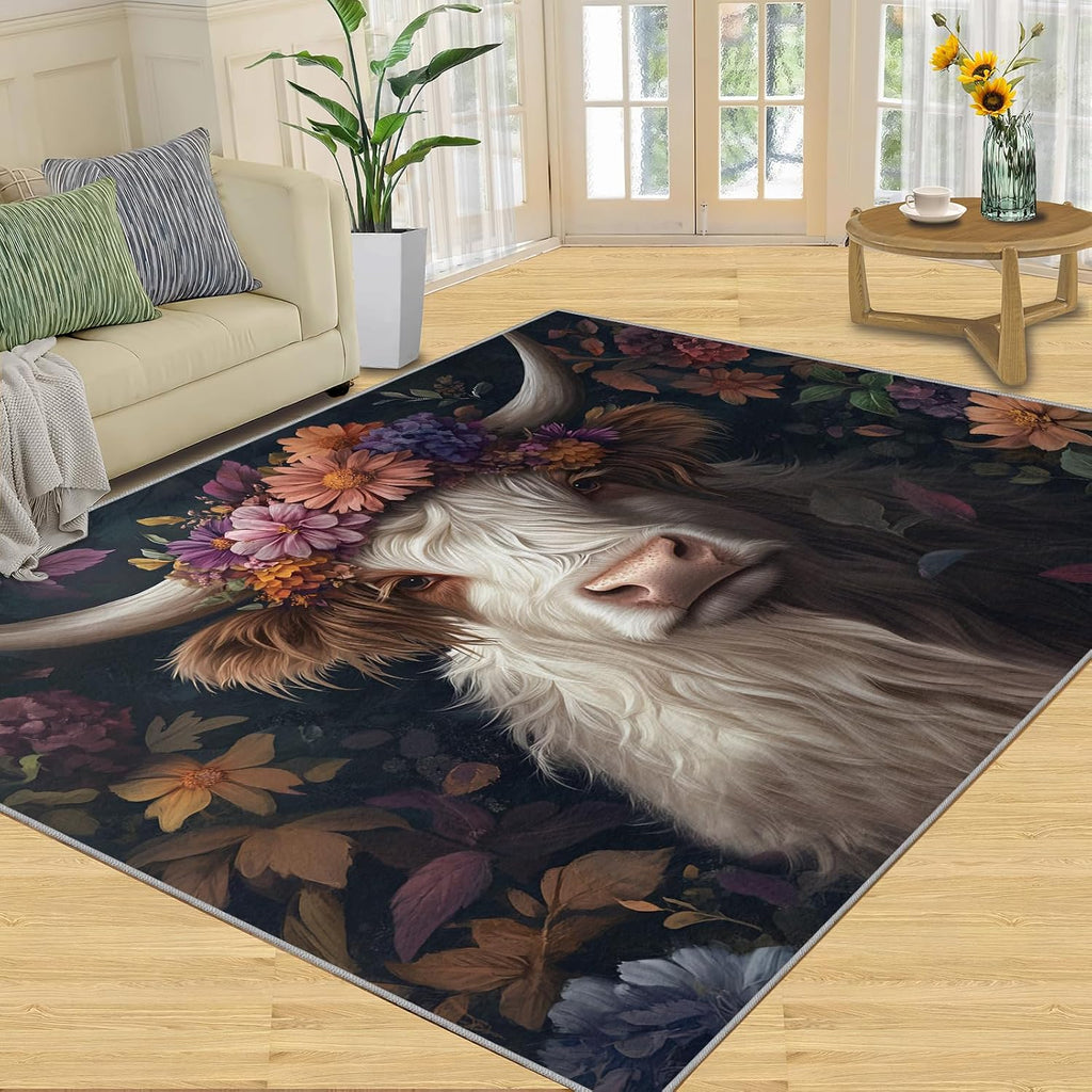 Cow Rug 6x8, Flowery Cow Rugs for Bedroom, Farm Animals Rugs for Living Room, Non Slip Area Rug, Housewarming Gifts & Indoor Floor Mats