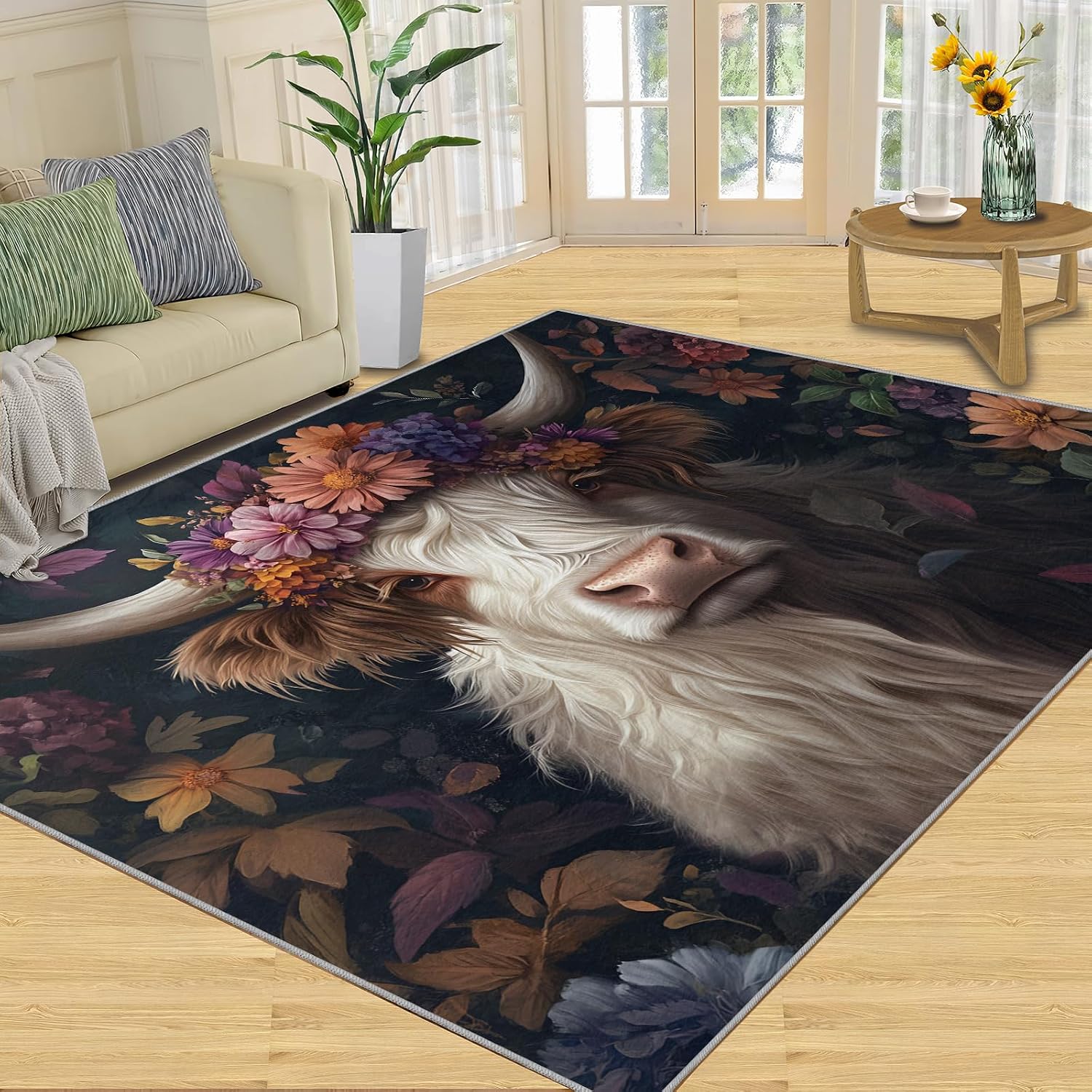 Cow Rug 6x8, Flowery Cow Rugs for Bedroom, Farm Animals Rugs for Living Room, Non Slip Area Rug, Housewarming Gifts & Indoor Floor Mats