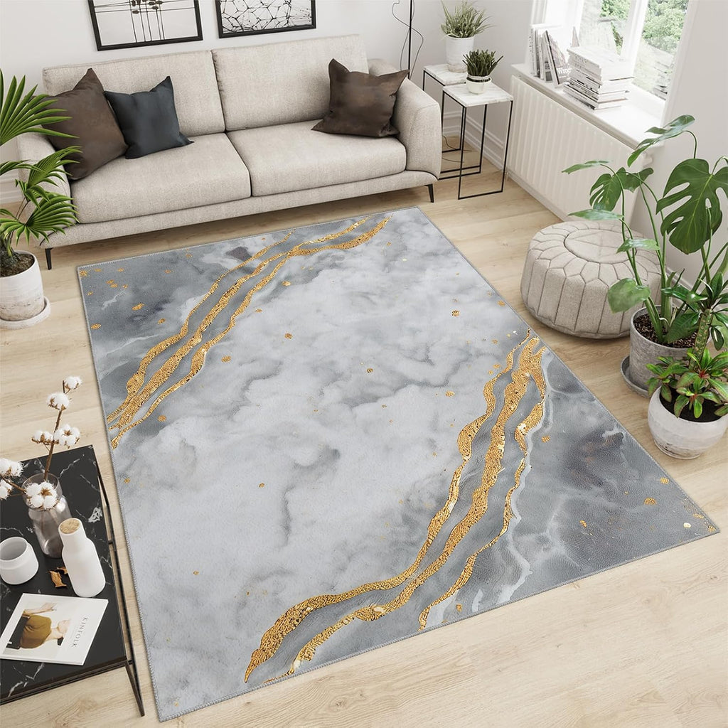 Marble Grey Area Rug, Nordic Abstract Gold Rugs for Living Room, Indoor Non-Slip Kids Rugs, Machine Washable Breathable Durable Carpet for Front Entrance Floor Decor,6 x 8ft