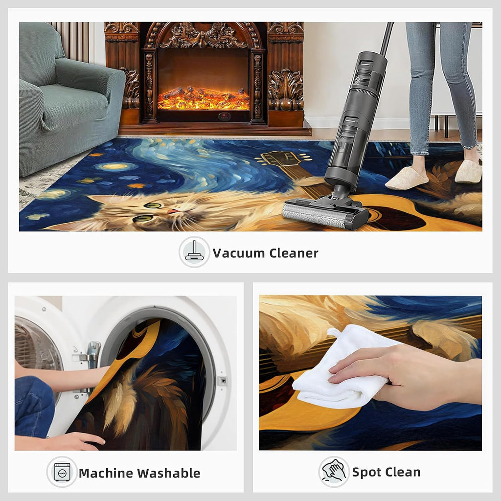 6x9 Area Rugs - Starry Sky Guitar Cat Rugs for Living Room, Post-Impressionist Art Painting Classroom Rug for Carpet Boy Bedroom Office Nursery Hardwood Home Decor