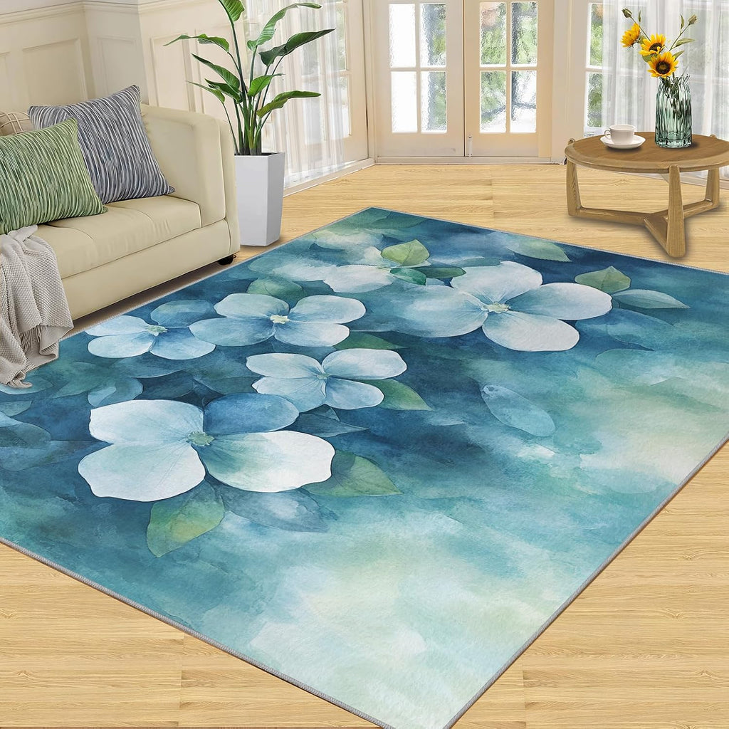 Florals Rugs for Bedroom, Watercolor Florals Rug 6x8, Fresh Flowers Dining Room Rugs Washable & Non Slip Large Carpet for Home Decor
