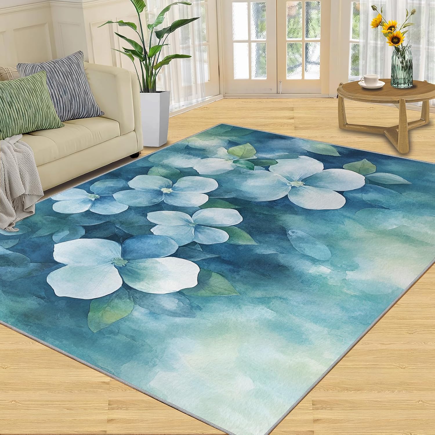Florals Rugs for Bedroom, Watercolor Florals Rug 6x8, Fresh Flowers Dining Room Rugs Washable & Non Slip Large Carpet for Home Decor