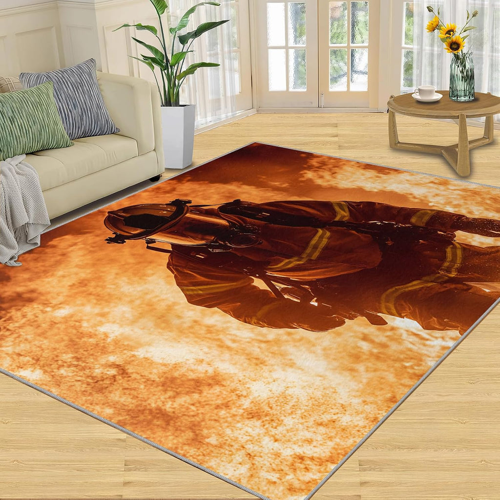 Firefighters Rugs for Living Room 6x8 Rug, Fire Theme Area Rug, Hero Firefighters Rugs, Large Machine Washable Rug, Non-Slip Floor Carpet for Bedroom Kids Room Home Decor