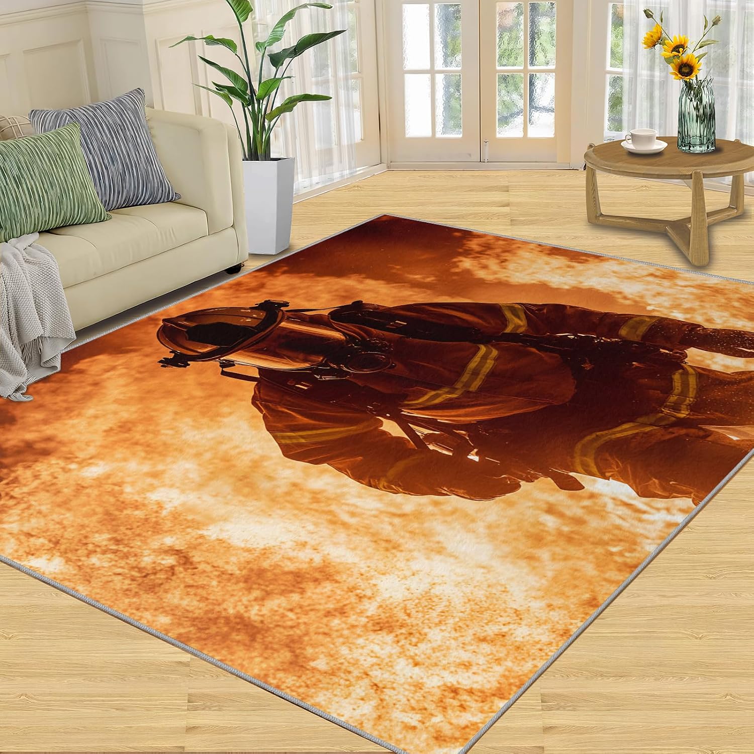 Firefighters Rugs for Living Room 6x8 Rug, Fire Theme Area Rug, Hero Firefighters Rugs, Large Machine Washable Rug, Non-Slip Floor Carpet for Bedroom Kids Room Home Decor