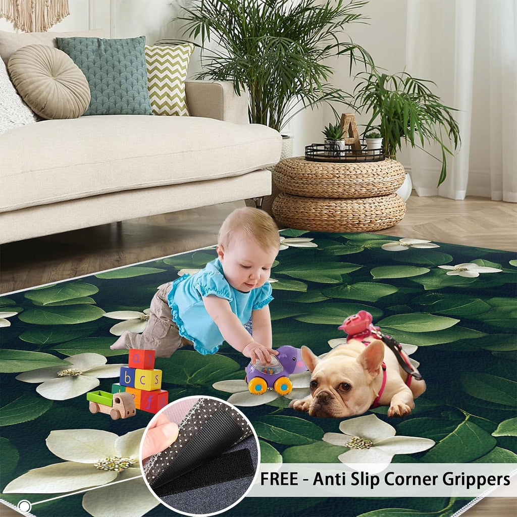 Flowers Rug, Plants Rugs for Bedroom 5x7 Rug, Green Leaves Area Rug, Rugs for Living Room, Non Slip Washable Carpet for Kids Room Home Decor