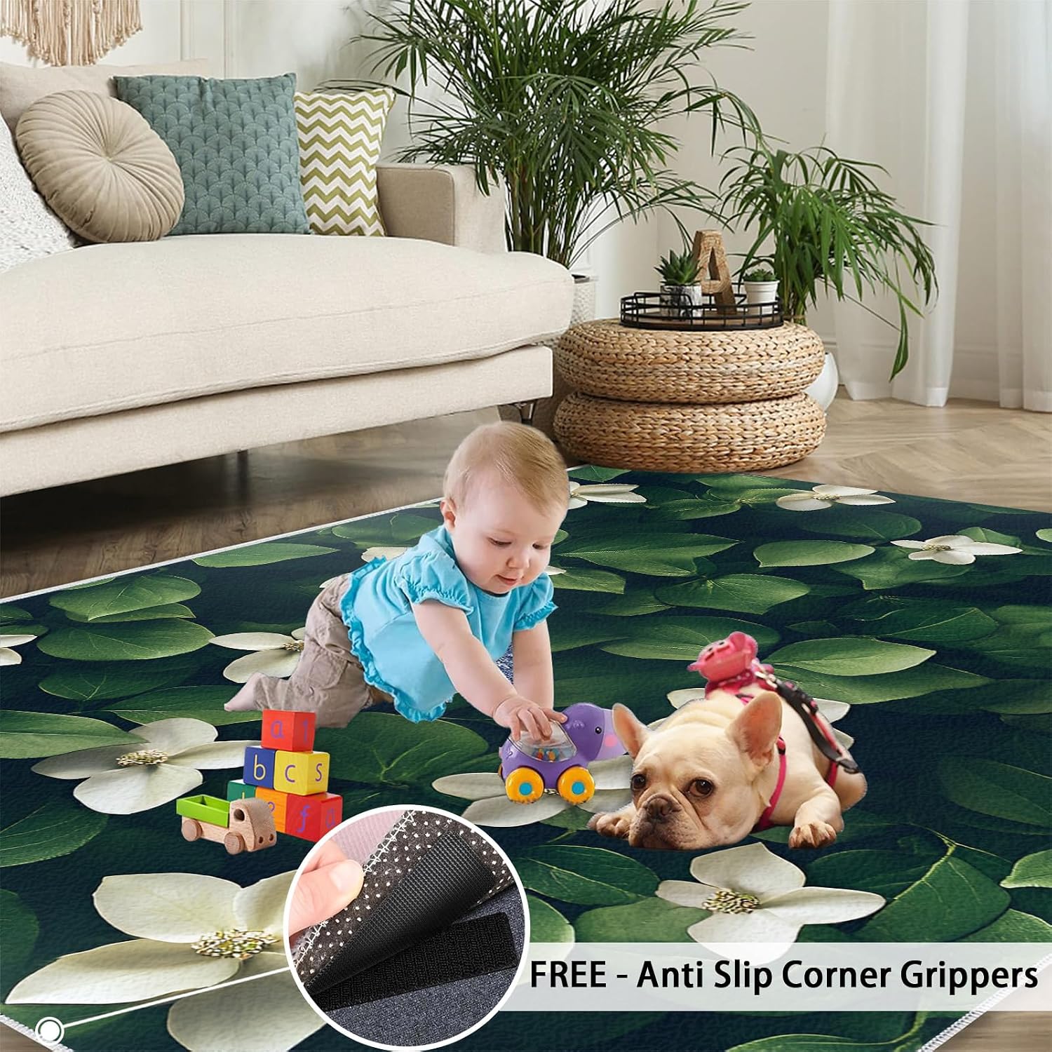 Flowers Rug, Plants Rugs for Bedroom 5x7 Rug, Green Leaves Area Rug, Rugs for Living Room, Non Slip Washable Carpet for Kids Room Home Decor