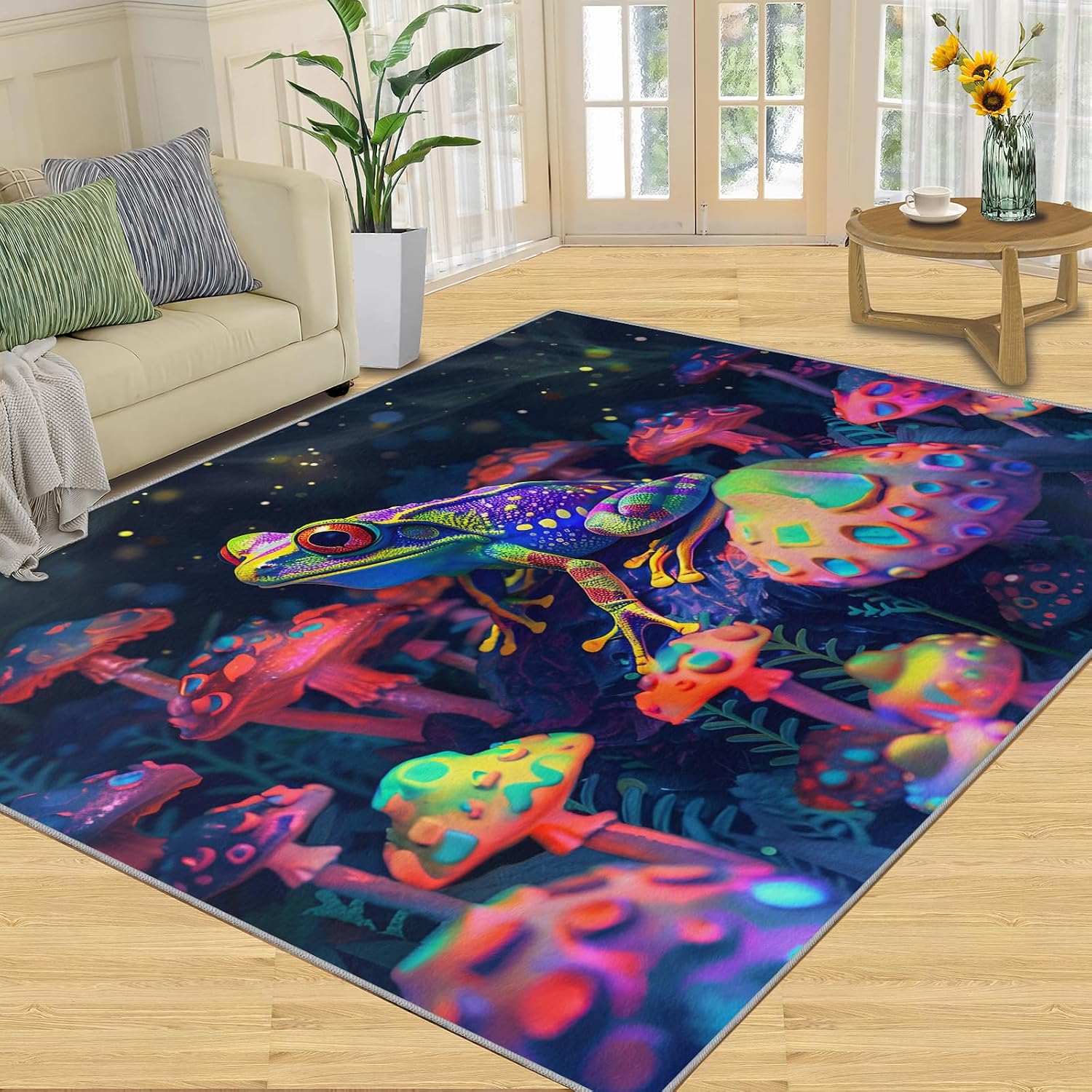 Cartoon Mushrooms Rug for Kids Room - 6x8 Large Rug, Fantasy Mushroom Rugs for Bedroom Colorful Animal Frog Area Rugs for Living Room Home Decor Washable Rug