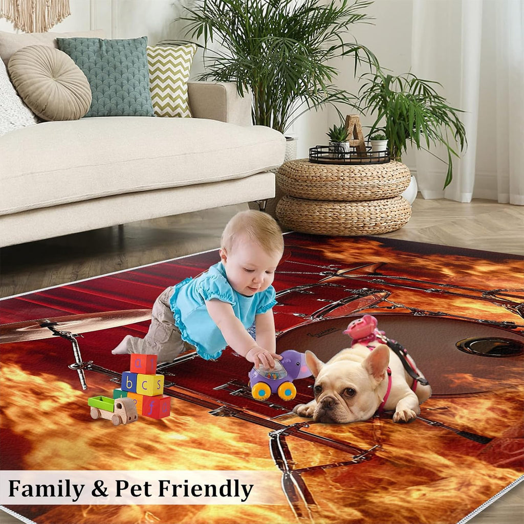 Drum Set Rugs for Bedroom - 6x8 Rug, Passion Rock Area Rugs for Living Room, Flame Carpet, Musical Instrument Washable Area Mat, Boys Room Carpet, Drums Home Decor