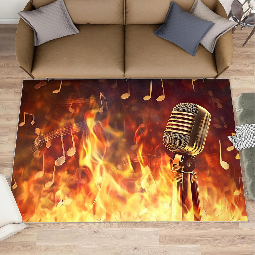 Microphone Rug - 6x8 Rugs for Bedroom, Music Area Rug, Flame Microphone Washable Rugs for Living Room, Non Slip Soft Rock and Roll Indoor Carpet - Home Decor, Music Lover Gifts for Boys