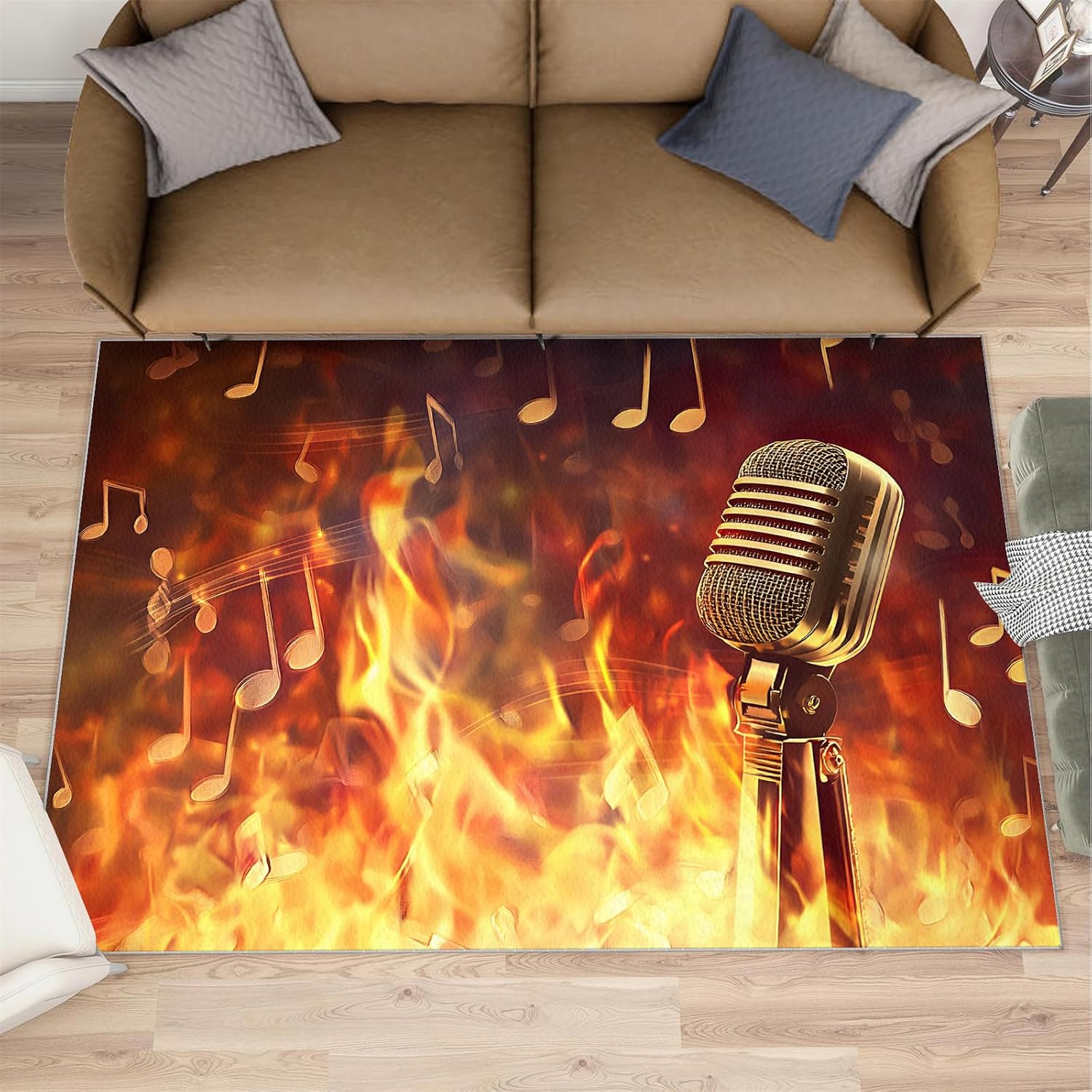 Microphone Rug - 6x8 Rugs for Bedroom, Music Area Rug, Flame Microphone Washable Rugs for Living Room, Non Slip Soft Rock and Roll Indoor Carpet - Home Decor, Music Lover Gifts for Boys