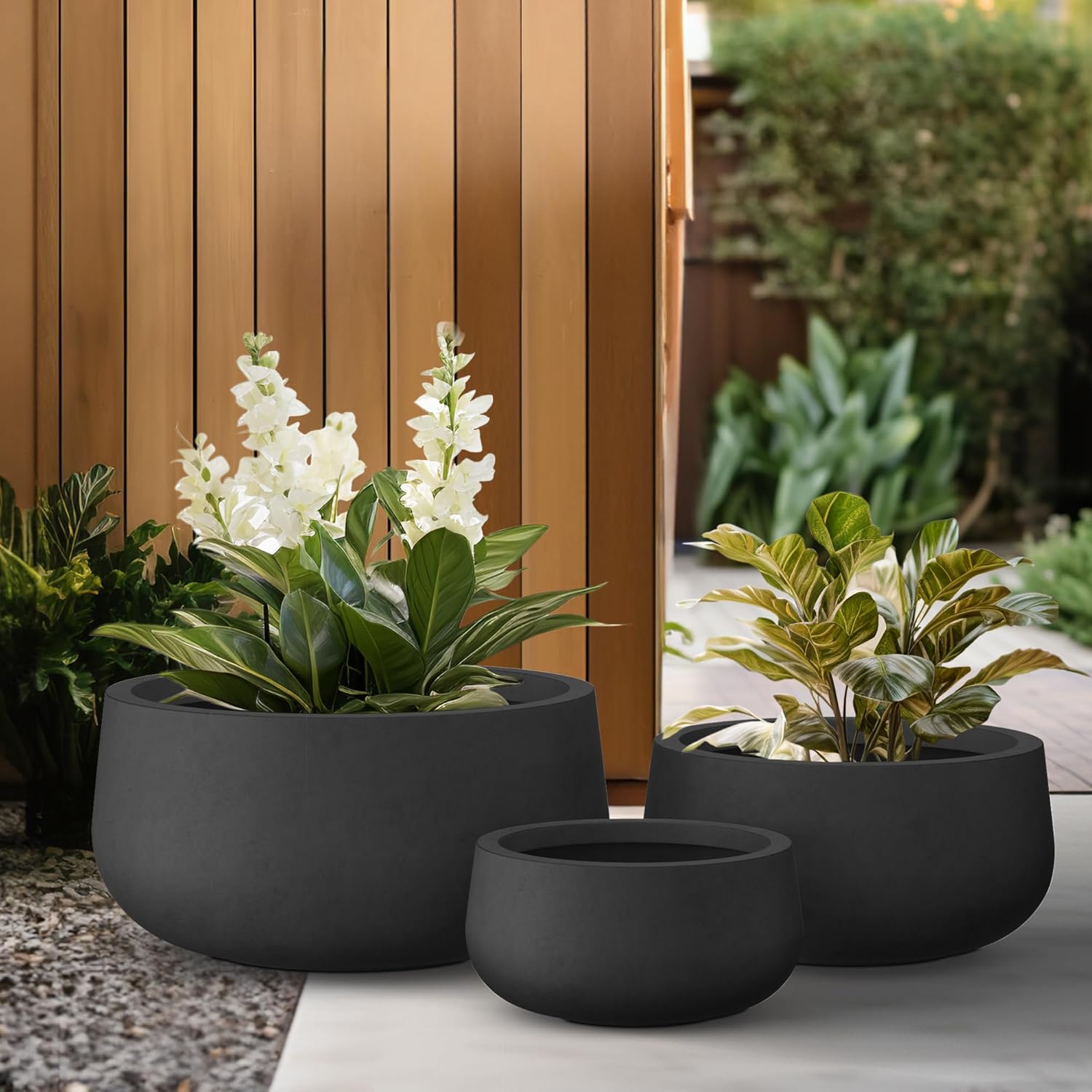 Kante 19.6',15.7',11.8' Dia Round Concrete Planters Set of 3, Outdoor Indoor Garden Plant Pots with Drainage Hole and Rubber Plug, Modern Curvaceous Design, Black