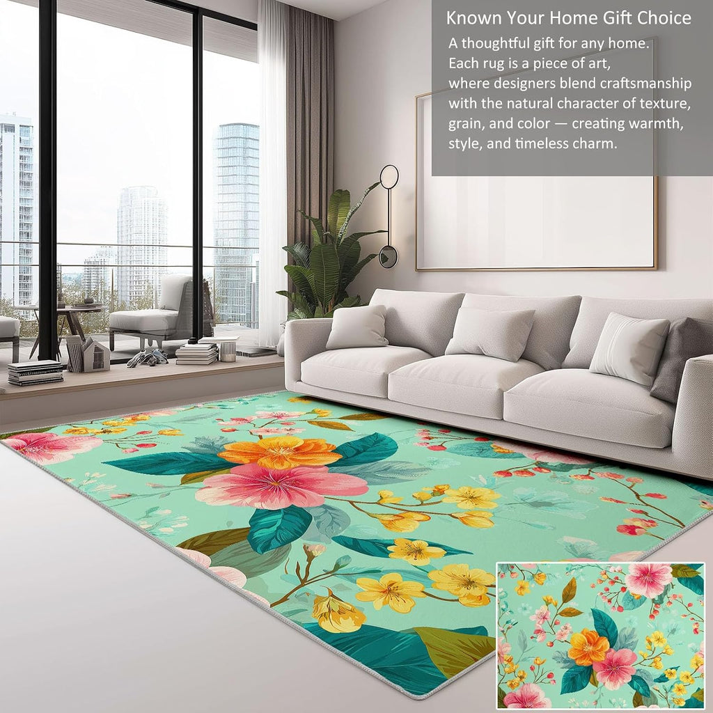Soft Pastoral Carpet for Bedroom Living Room Non-Slip Rugs 5' x 7', Fluffy Indoor Washable Plants Flowers Mint Green Carpet for Kids Boys Girls Dorm Nursery Room Home Decor