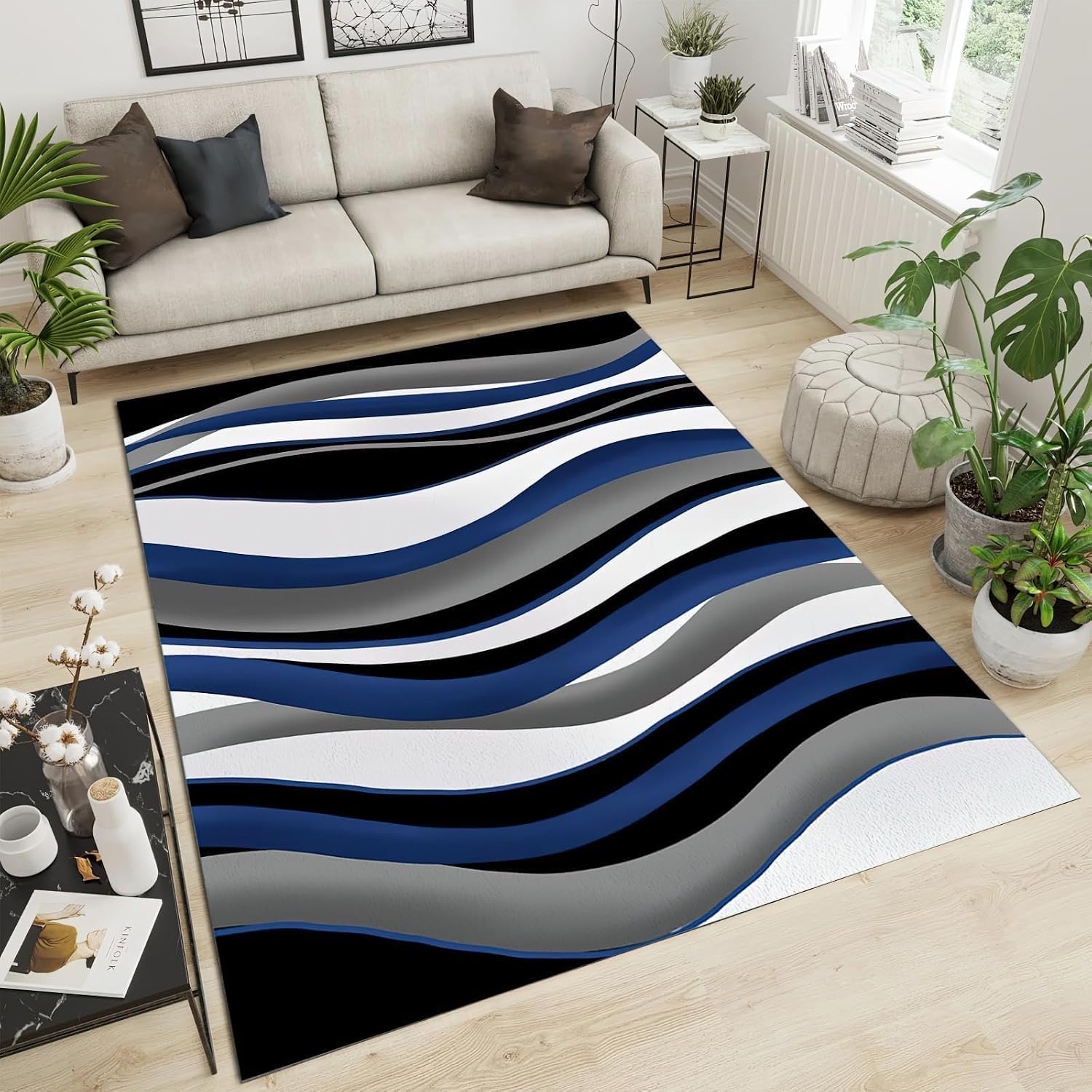 6x8 Rug Blue Twisted Lines Gradient Indoor Non-Slip Kids Rug, Abstract Irregular Black White Gray Upholstery Rug with Non-Slip Backing for Kids Boys Girls Bedroom Living Room Dining Room