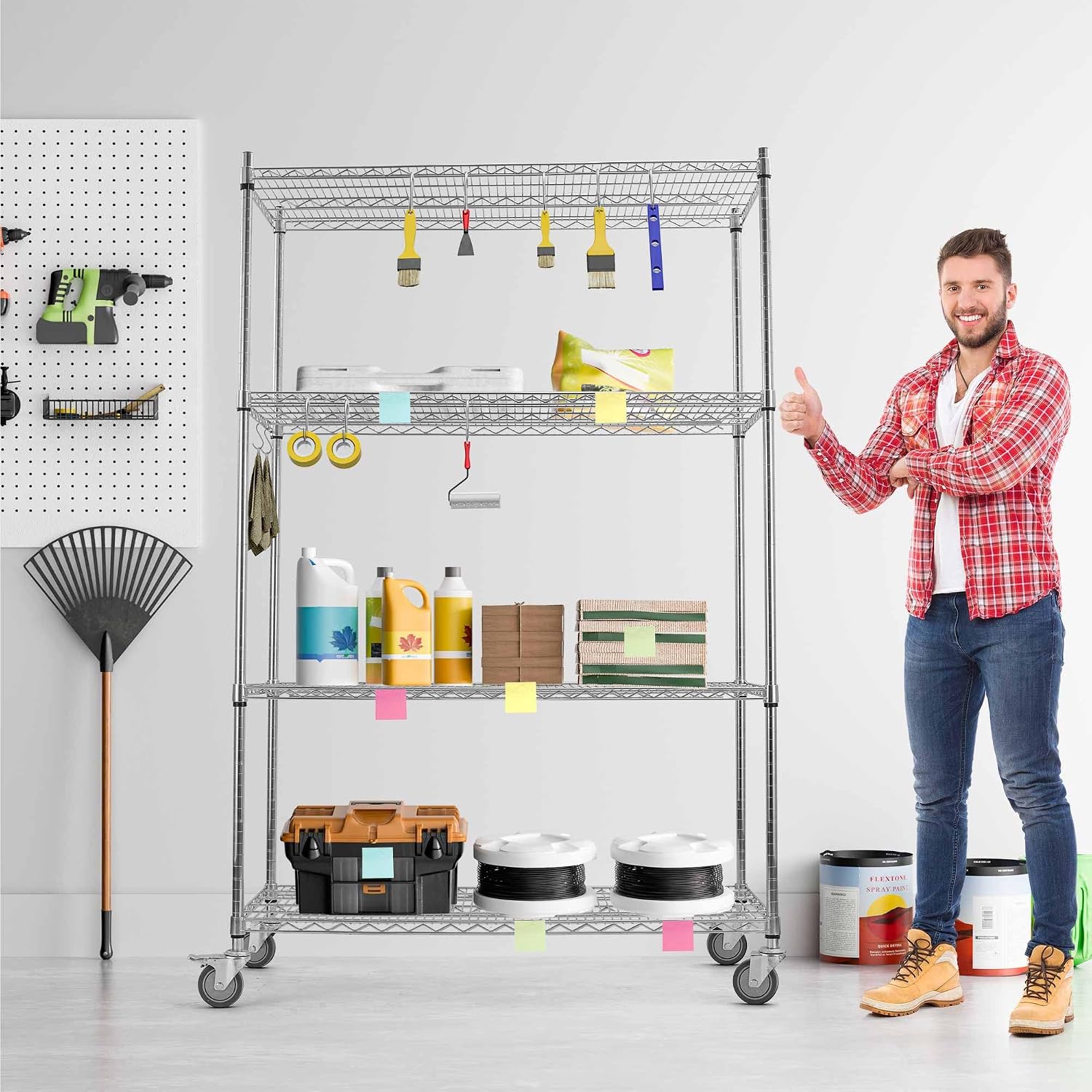 Rolling Shelves With Wheels Storage Rack With Wheels Wire Racks Rolling Wire Shelves on Wheels Stainless Steel Metal Shelving With Wheels for Garage Kitchen Pantry(48'L x 24'W x 76'H 4-Tier) (Chrome)