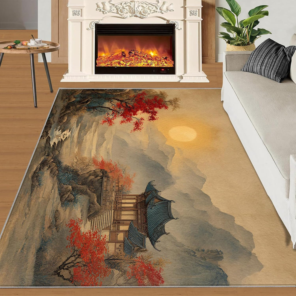 Chinese Rugs for Bedroom, Landscape Rug 6x8, Oriental Ink Painting Dining Room Rugs Washable & Non Slip Large Carpet for Home Decor