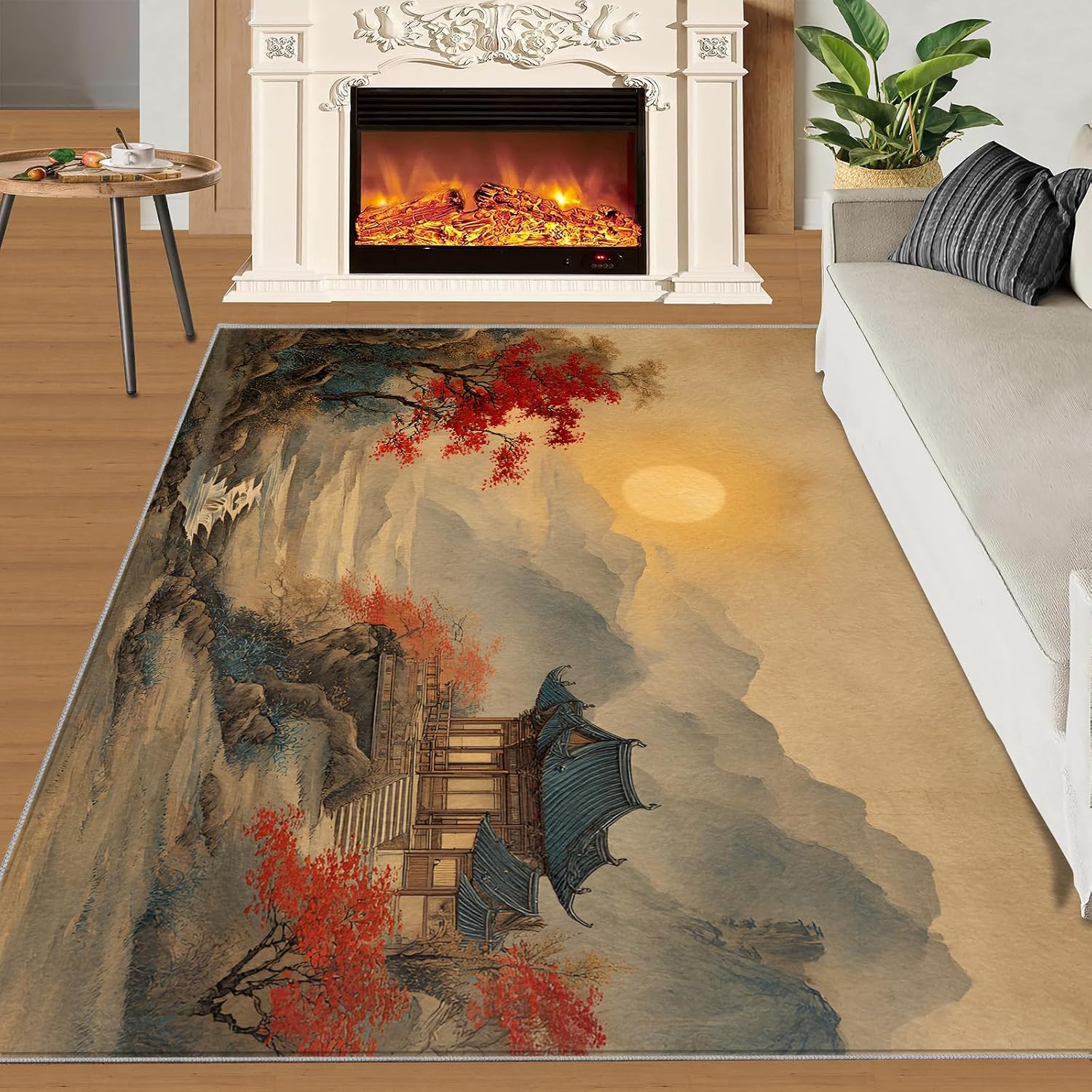 Chinese Rugs for Bedroom, Landscape Rug 6x8, Oriental Ink Painting Dining Room Rugs Washable & Non Slip Large Carpet for Home Decor