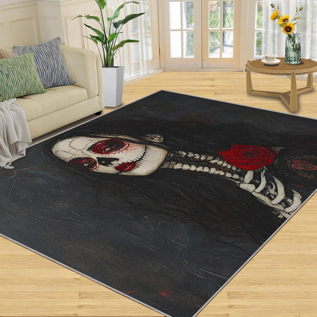 Darkness Area Rug - Large Rug 6x8 - Skull Makeup Rugs for Living Room - Soft & Non Slip & Washable Rugs for Bedroom, Long Black Hair Woman Carpets for Dining Room Lounge Girls Room