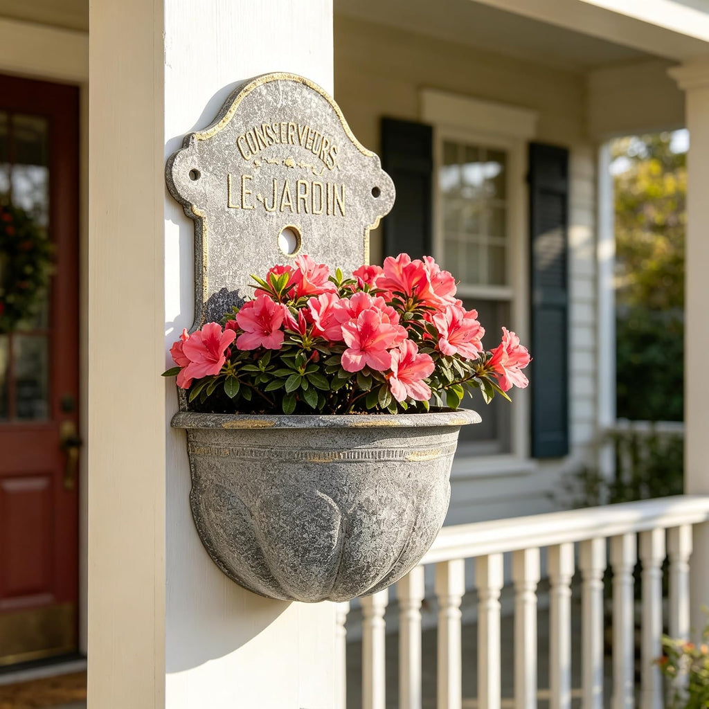 Large French Country Wall Planter, 27.95' H x 18.11' W Vintage Metal Le Jardin Wall Mounted Flower Pot, Rustic Farmhouse Vertical Garden Planter for Indoor Outdoor Patio, Living Room, Balcony Decor