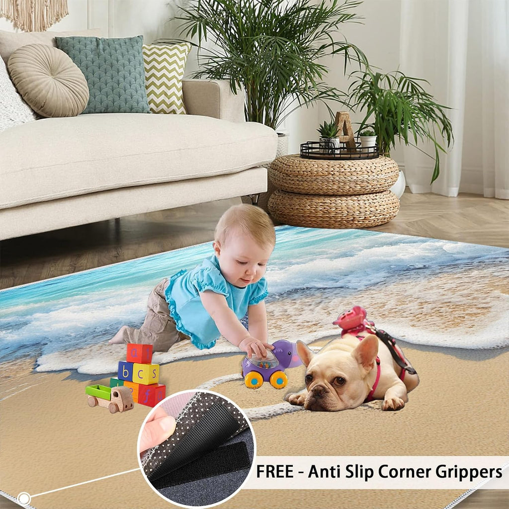 Beach Rug - 6x8 Rug, Blue Ocean Area Rugs for Bedroom, Coastal Rugs for Living Room, Sea Washable Mat, Tropical Carpet, Beach Home Decor & Gifts