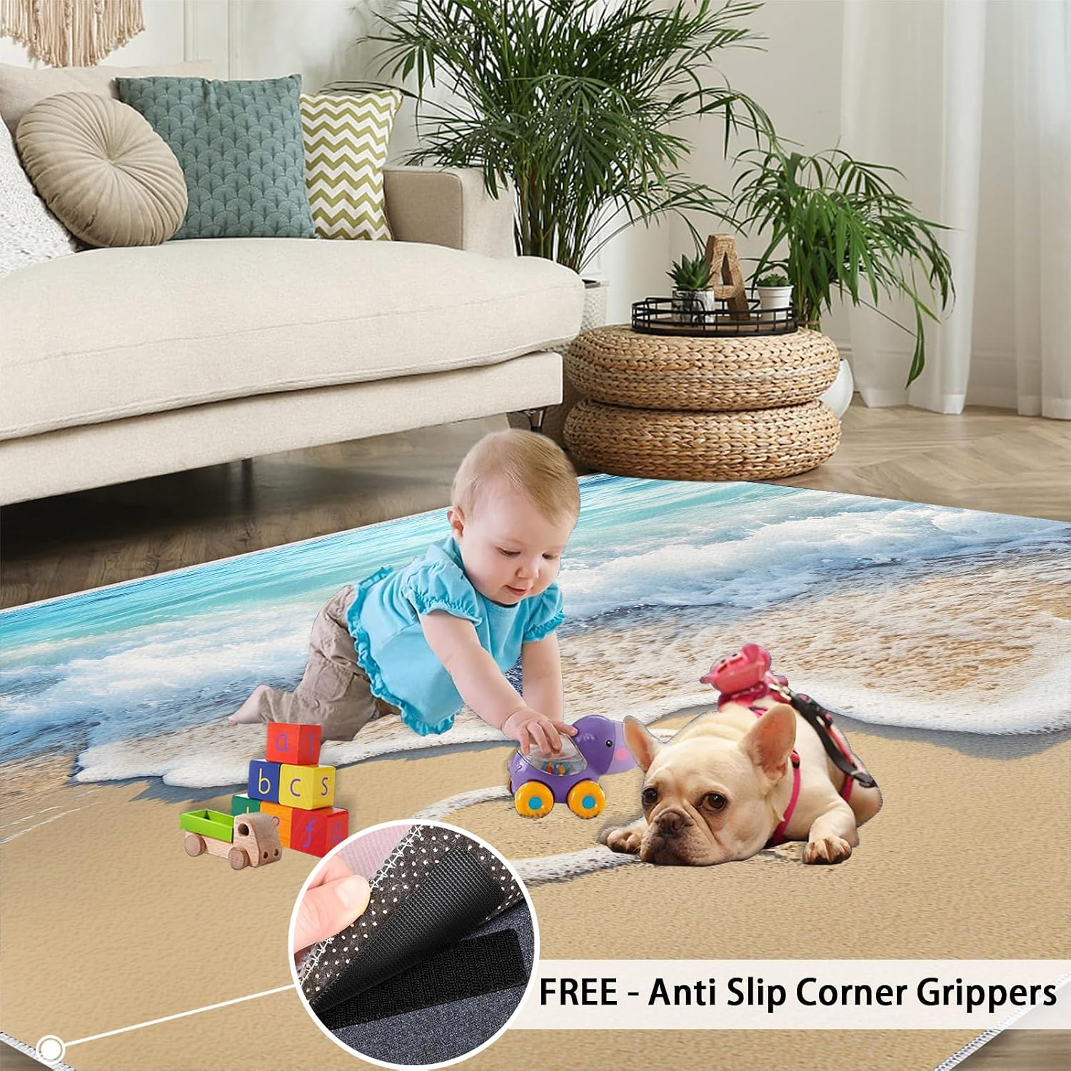Beach Rug - 6x8 Rug, Blue Ocean Area Rugs for Bedroom, Coastal Rugs for Living Room, Sea Washable Mat, Tropical Carpet, Beach Home Decor & Gifts