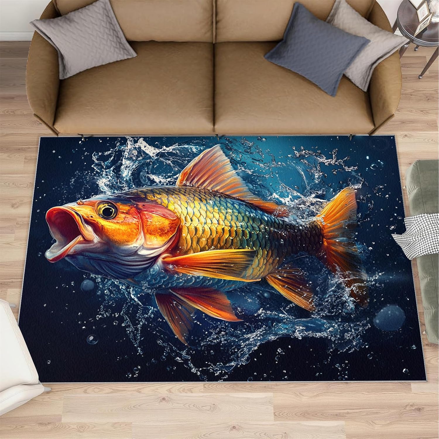 Fish Rugs for Bedroom, Carp Rug 6x8, Animals Dining Room Rugs Washable & Non Slip Large Carpet for Home Decor
