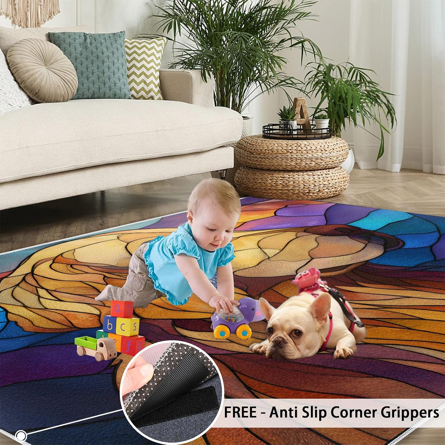 Dog Rugs for Bedroom, Abstract Dog Rug 6x8, Geometric Animal Dining Room Rugs Washable & Non Slip Large Carpet for Home Decor