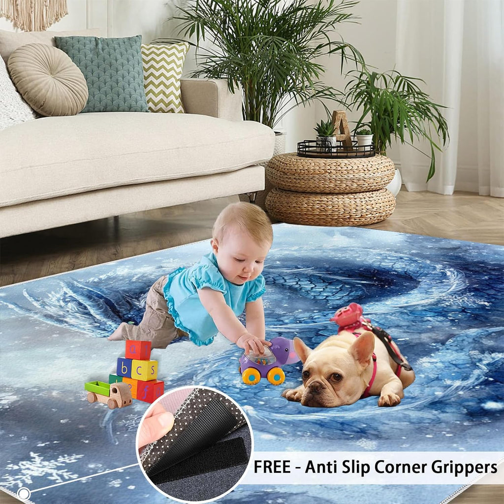 Asian Dragon Rug 6x8, Ice Dragon Rugs for Girls Room, Fantasy Rugs for Bedroom, Washable Area Rug for Bedside Dining Room Kitchen Floor Mat