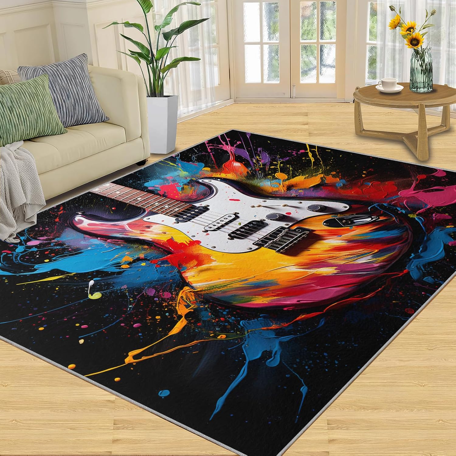 Guitar Area Rug - Cool Guitar Rugs for Bedroom - Music Lover Living Room Rug, Indoor Machine Washable Carpet for Music Studio Band Entertainment Room 6x8ft