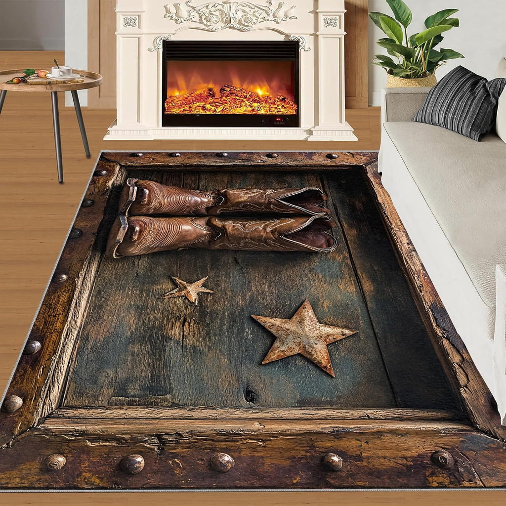 Western Cowboy Rugs for Bedroom - 6x8 Rug, Boots Area Rugs for Living Room, Texas Stars Carpet, Farmhouse Washable Mat, Western Home Decor & Gifts