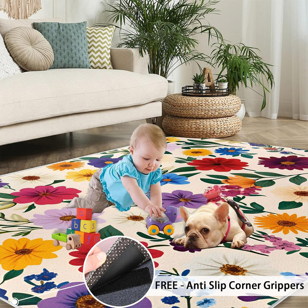 Floral Rugs for Living Room 6x8 Rug, Vintage Floral Area Rug, Boho Flowers Rugs, Large Machine Washable Rug, Non-Slip Floor Carpet for Bedroom Kids Room Home Decor
