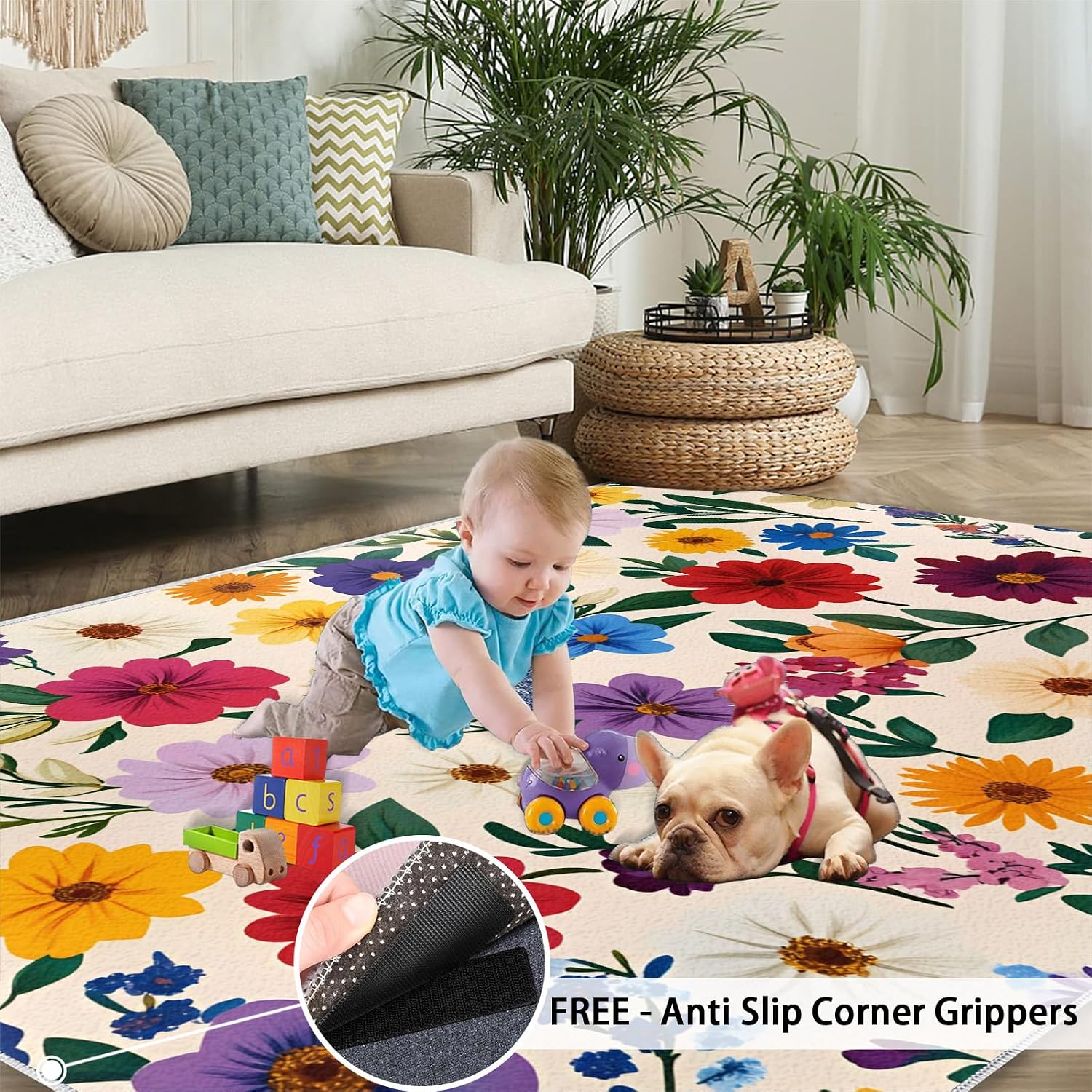 Floral Rugs for Living Room 6x8 Rug, Vintage Floral Area Rug, Boho Flowers Rugs, Large Machine Washable Rug, Non-Slip Floor Carpet for Bedroom Kids Room Home Decor