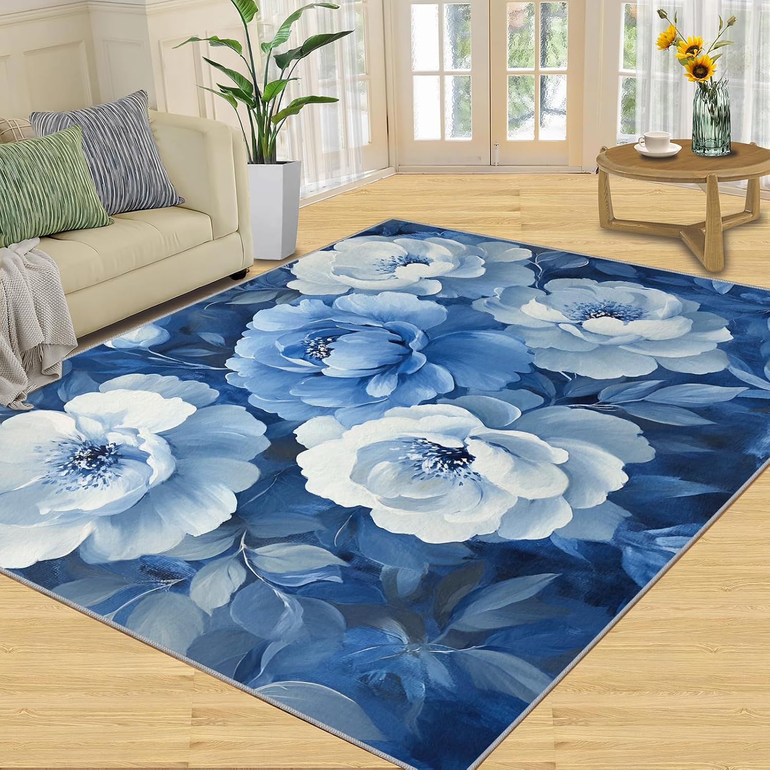 6x8 Blue-Florals Classroom Rugs - Peony Playroom Rug, Natural Flowers Carpet Area Rug for Girls Bedroom Kids Room Basement Office Classroom