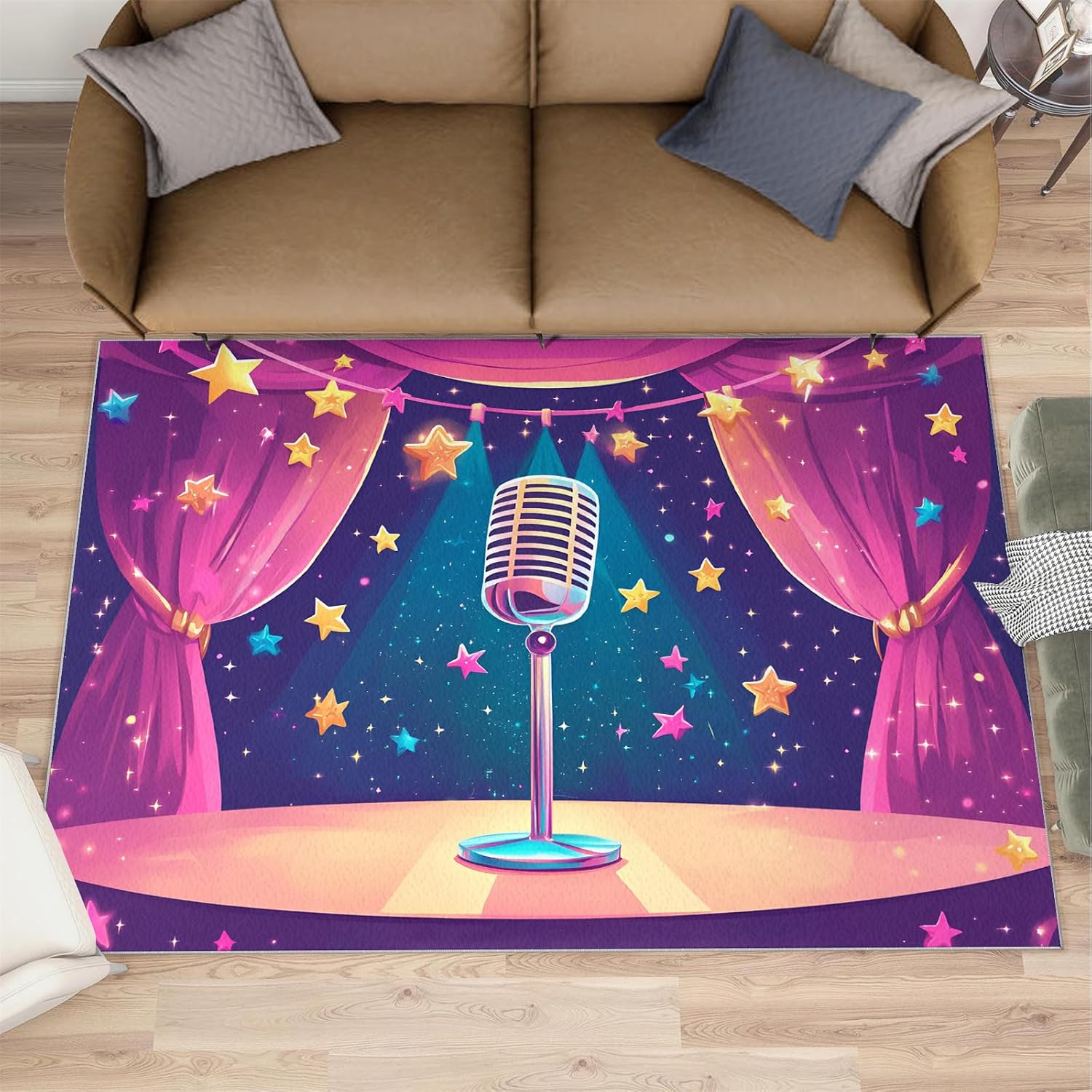 Microphone Rug for Bedroom 6x8 Rug Cartoon Music Rugs, Music Lover Home Decor, Non Slip Washable Large Rugs, Musical Instrument Carpet for Boys and Girls Teen Playroom