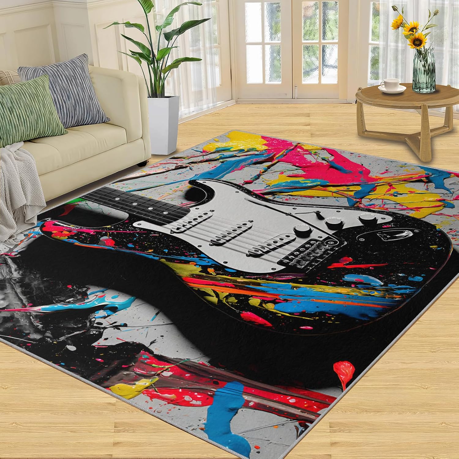 Cool Guitar Area Rug - Guitar Kids Rugs - Music Lover Rug for Bedroom, Indoor Machine Washable Carpet for Music Classroom Studio Band 5x8ft