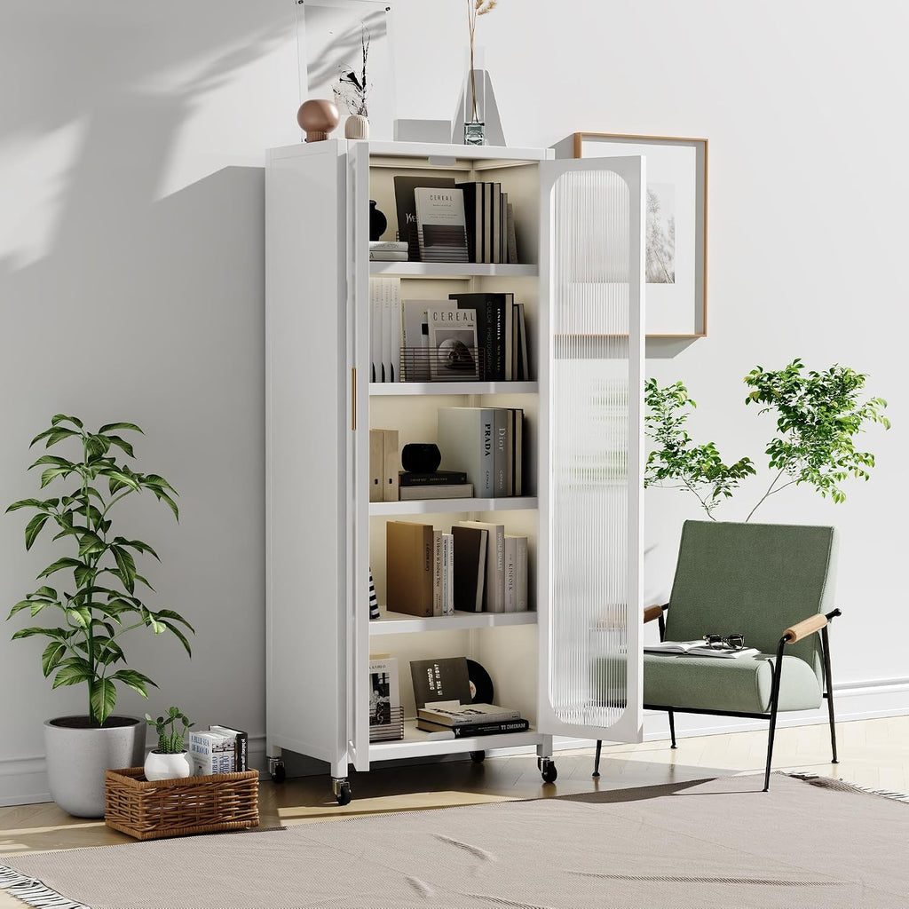 Runboll Kitchen Pantry Storage Cabinet, 6 Tier Metal Sideboard with Wheels and Acrylic Glass Door, Modern Display Curio Cabinet Bookcase White