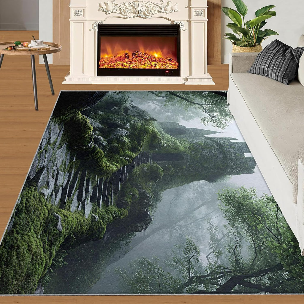 Castle Rug 6x8, Forest Rugs for Living Room, Ancient Castle Area Rug, Non Slip Washable Rugs for Bedroom Kitchen Dining Room Decor Carpet
