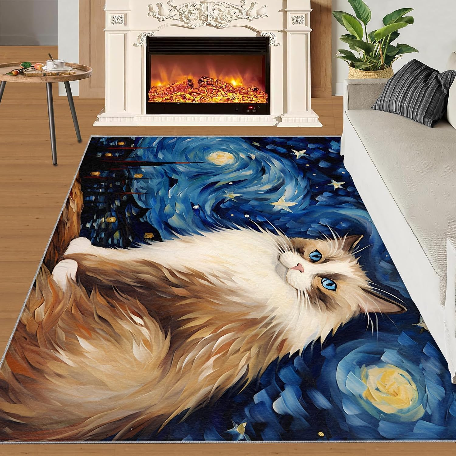 6x8 Area Rug - Starry Sky Ragdoll Cat Large Rugs for Living Room, Post-Impressionist Art Painting Carpet Area Rug for Girls Bedroom Kids Room Basement Office Classroom