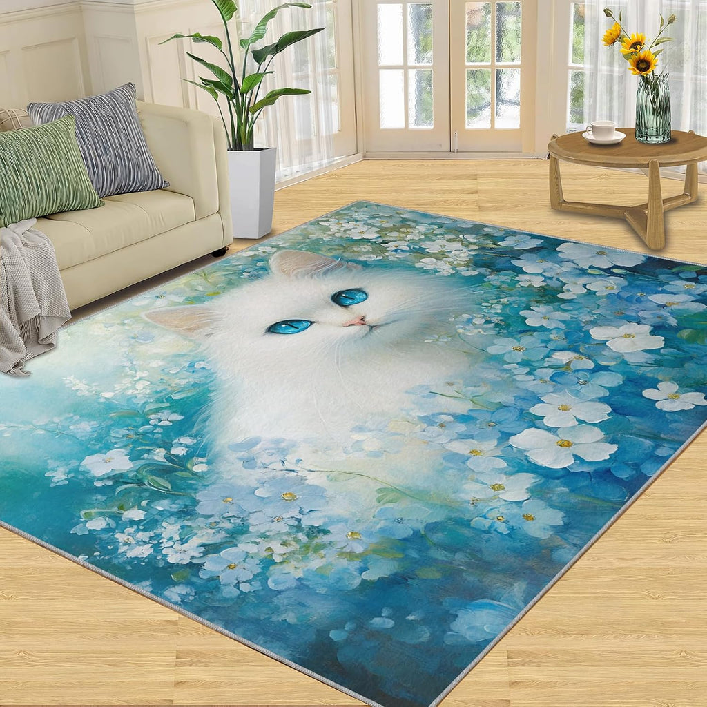 Cat Rugs for Bedroom, Florals Rug 6x8, Flowers Dining Room Rugs Washable & Non Slip Large Carpet for Home Decor