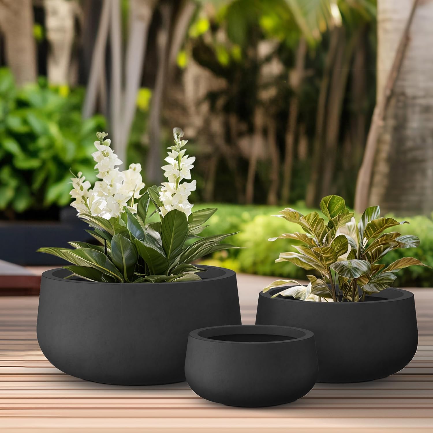 Kante 19.6',15.7',11.8' Dia Round Concrete Planters Set of 3, Outdoor Indoor Garden Plant Pots with Drainage Hole and Rubber Plug, Modern Curvaceous Design, Black