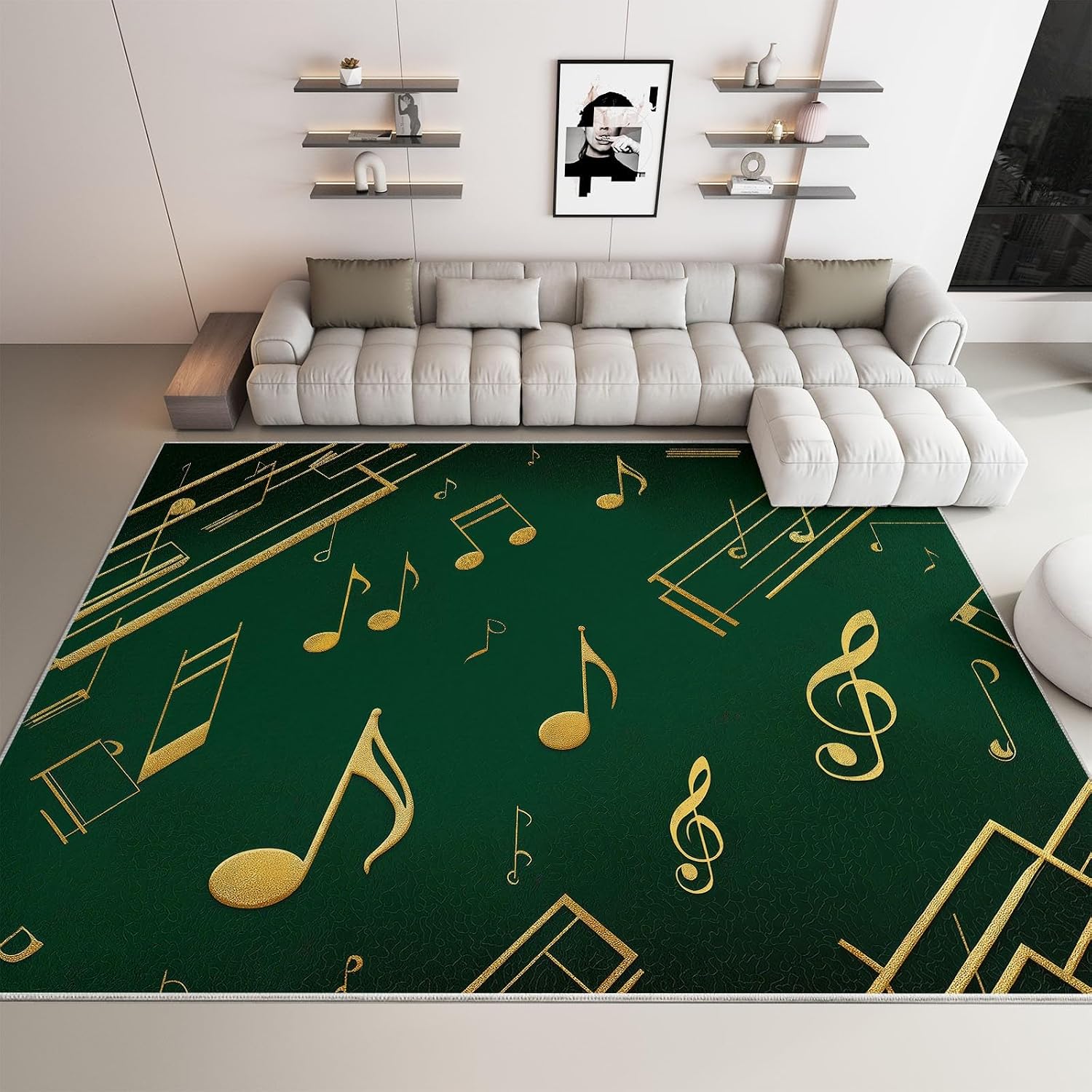 Music Notes Green Stripes Living Room Rug 5' x 7' Area Rug, Washable Carpet Mat for Dining Room, Bedroom, Low Pile Non Slip Stain Resistance Indoor Vintage Carpet