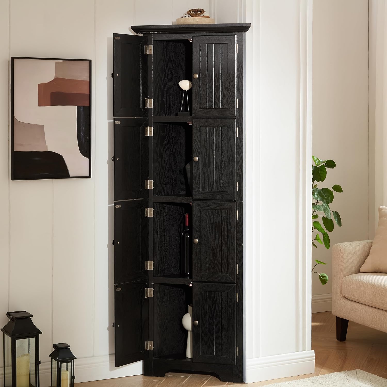 72' Sturdy Freestanding Storage Cabinet, Kitchen Storage Bakers Rack with Tiered Shelves, Utility Food Cupboard with Spacious Doors for Kitchen, Bathroom, Living Room, Black