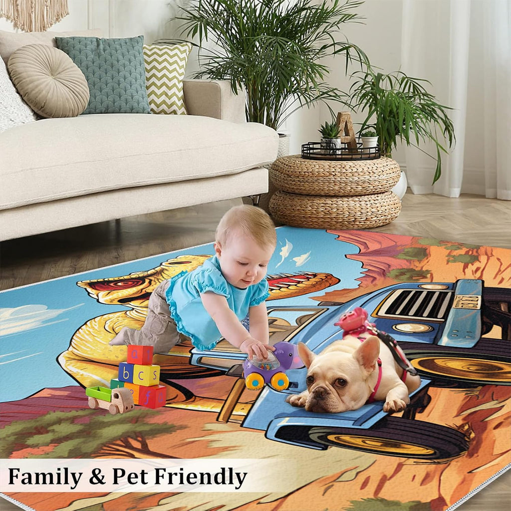Dinosaur Rug for Kids Room - 6x8 Large Rug, Cartoon Monster Truck Rugs for Bedroom Cartoon Scene Truck Dinosaur Area Rugs for Living Room Home Decor Washable Rug