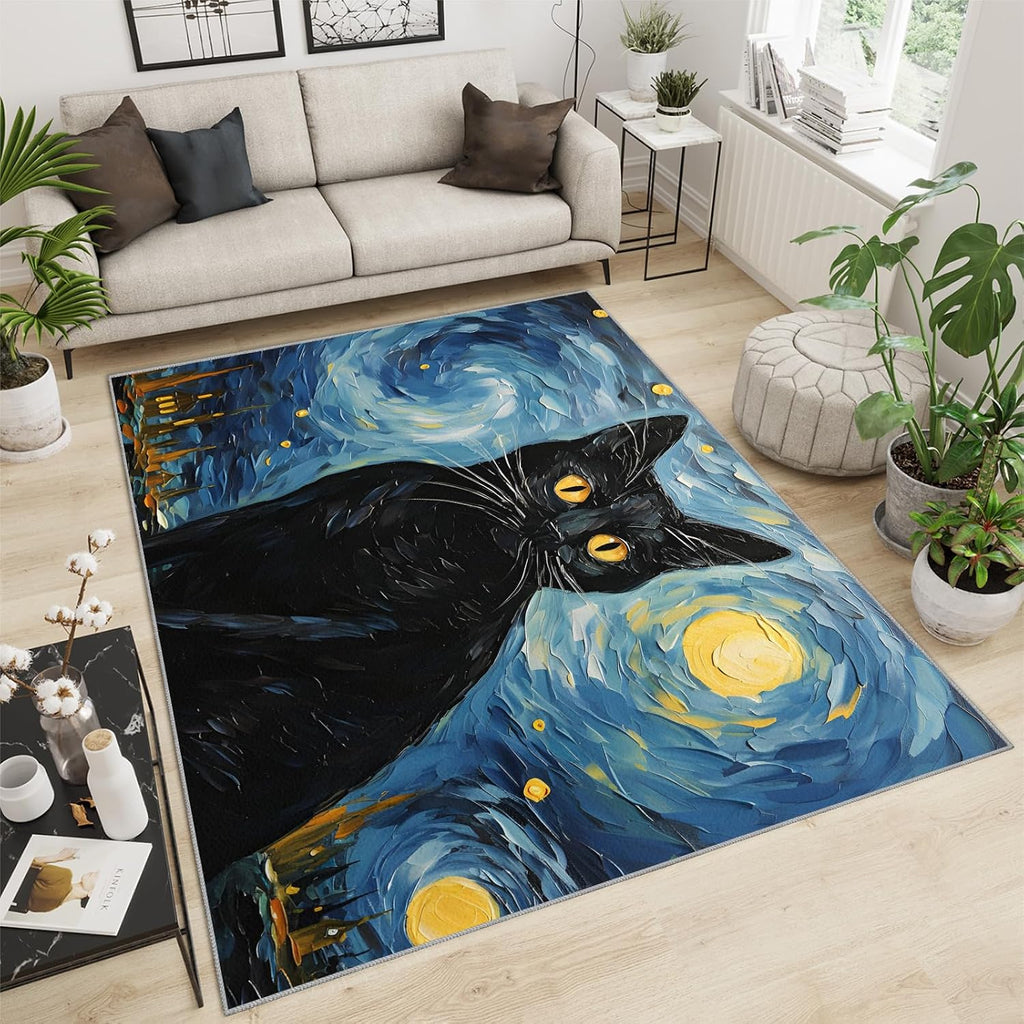 6x8 Area Rug - Starry Night Black Cat Large Rugs for Living Room, Post-Impressionist Art Painting Carpet Area Rug for Girls Bedroom Kids Room Basement Office Classroom