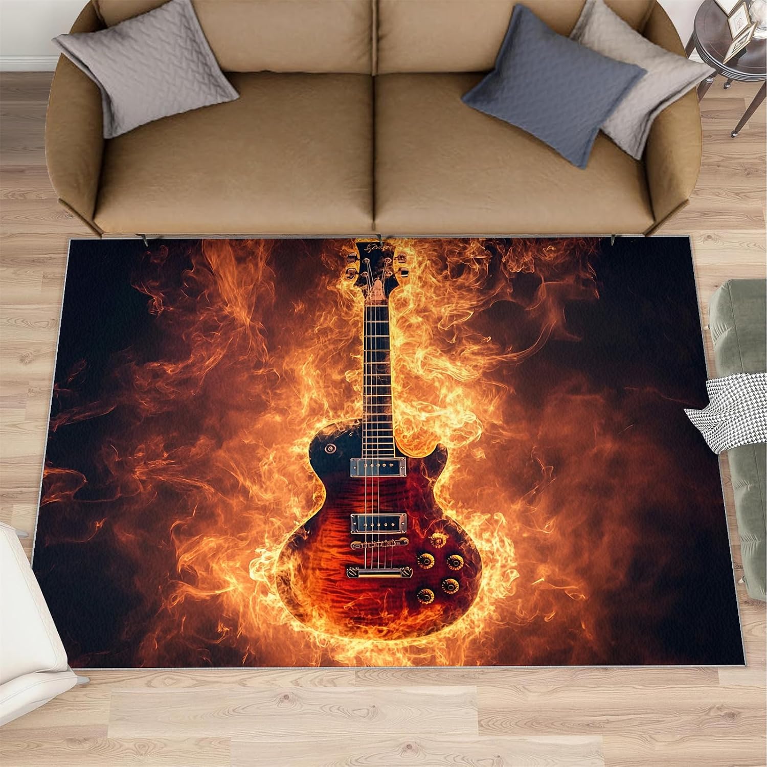Flame Guitar Rug - Large Rug 6x8 - Electric Guitar Rugs for Living Room - Soft & Non Slip & Washable Rugs for Bedroom, Instrument Carpets for Dining Room Lounge Girls Room