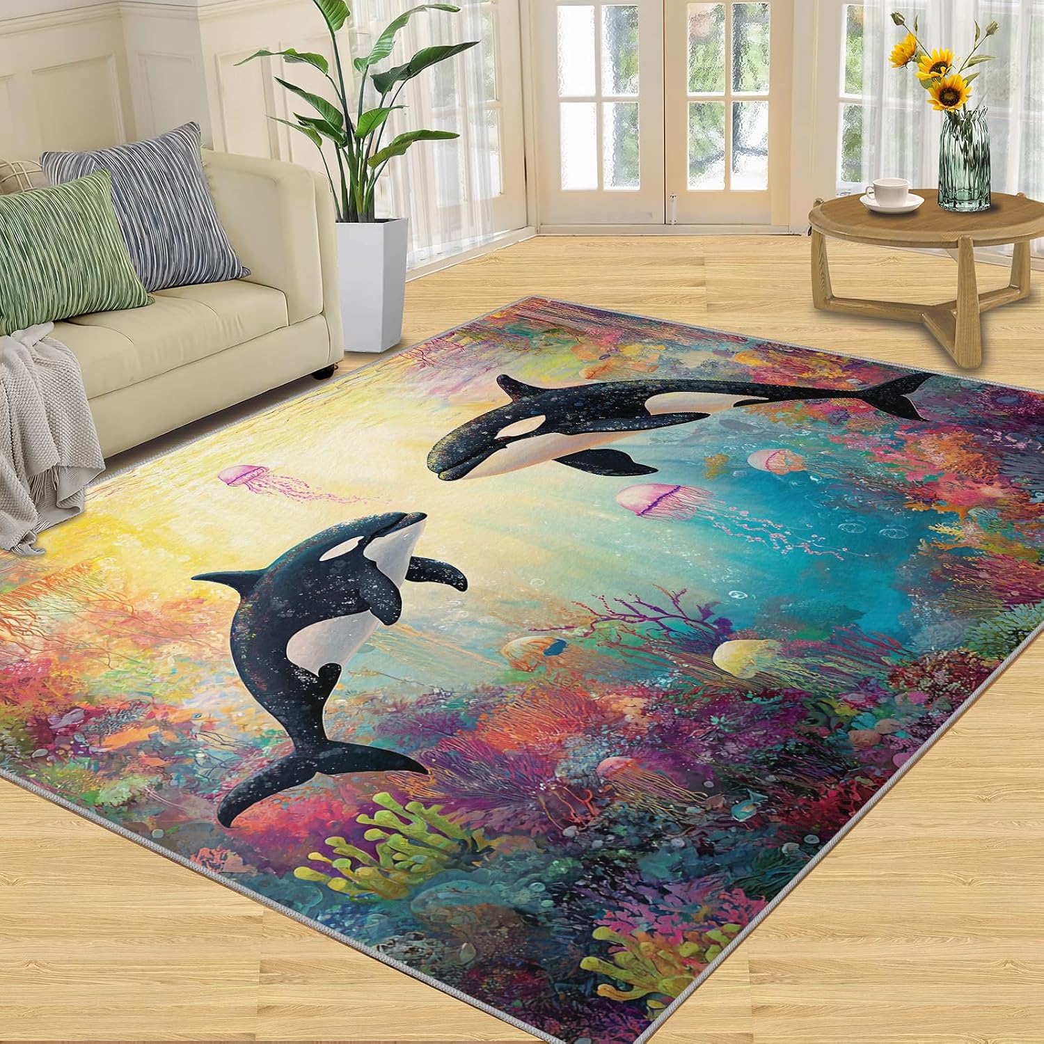 Dolphin Area Rug 5x7, Ocean Shengw Rugs for Living Room, Dolphin Rug for Bedroom, Machine Washable Rugs for Kitchen Dining, Home Decor Carpet
