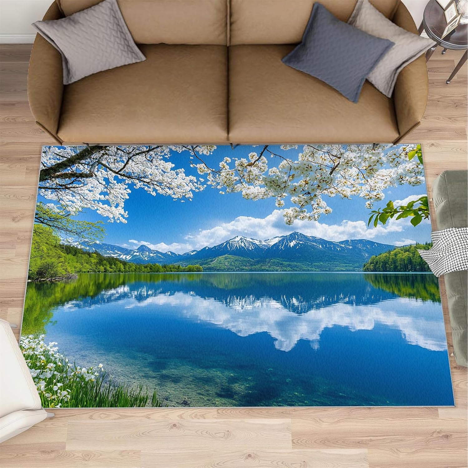 Natural Scenery Rug 6x8-6x8 Rug, Nature Landscape Area Rugs for Living Room Bedroom, Lake Mountains Area Rugs, Floral Washable Carpet, Aesthetic Carpet, Landscape Home Decor