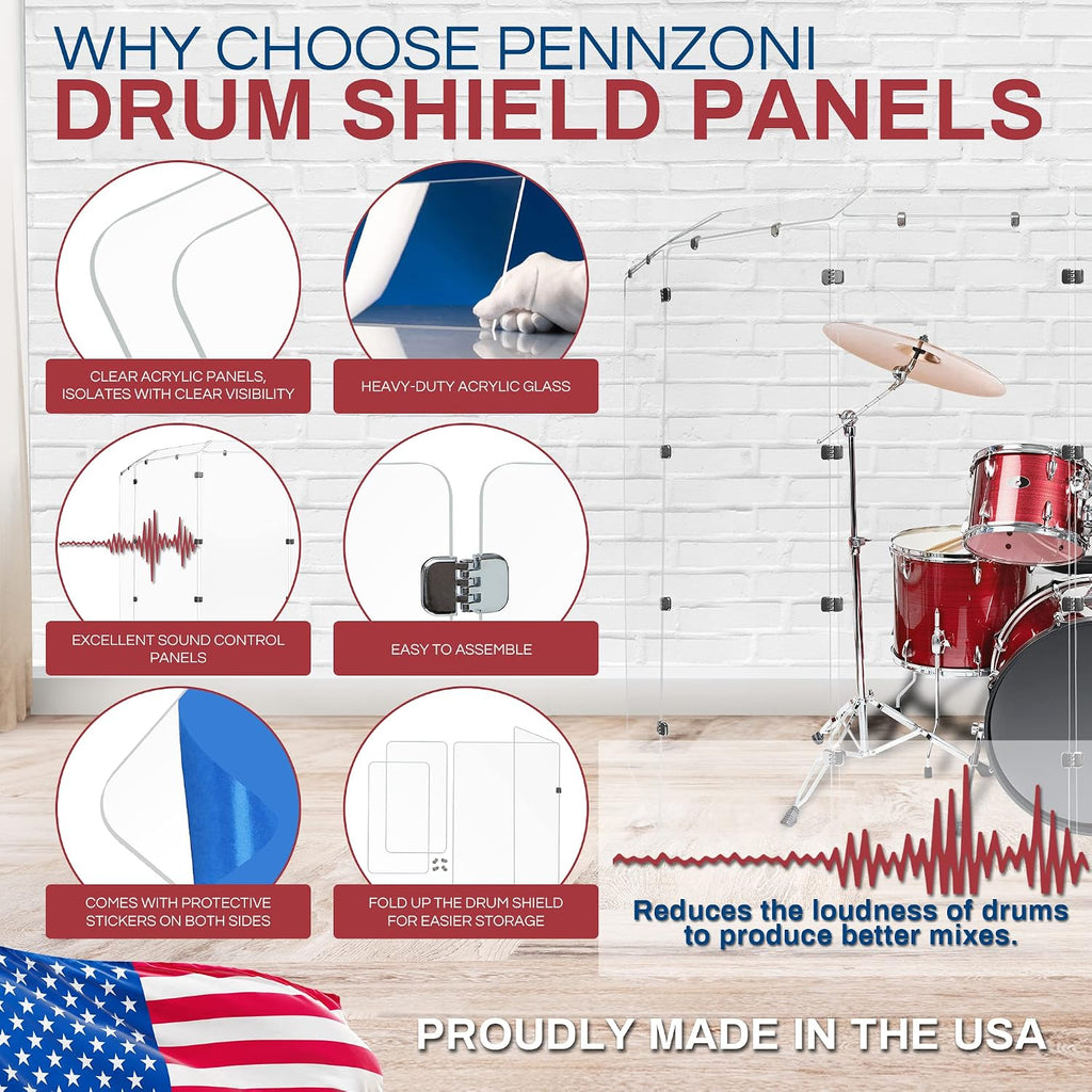 Drum Shield DS7D Chrome Hinges 6 panels Full 1/4' x 24' x 72' Crystal Clear Acrylic 6 Deflector Panels 12' x 24'